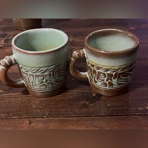 Frankoma 7C Rustic Green and Brown Ceramic Mugs